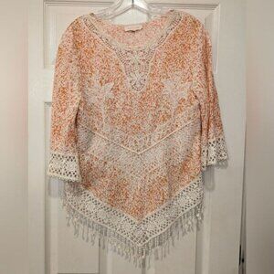 SOLITAIRE Boho Ivory Orange Floral Top 3/4 Bell Sleeve Crochet Fringe Hem Size S